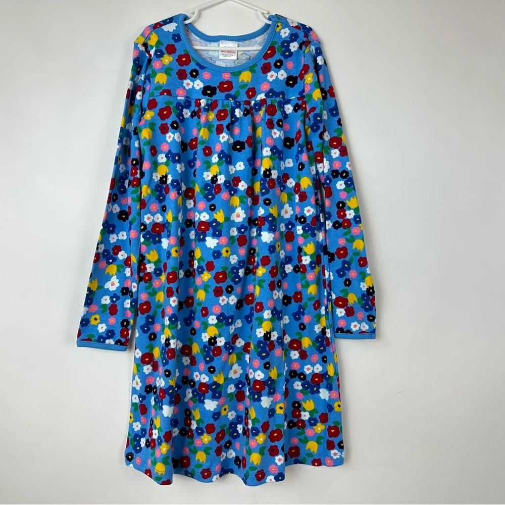 Hanna Andersson Dress Girl 140 USA 10 Blue Flower Floral Long Sleeve Holiday NWT